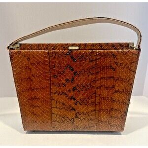 1960s Vintage Stylecraft Miami Brown Snakeskin Top Handle Handbag Mod Jackie-O